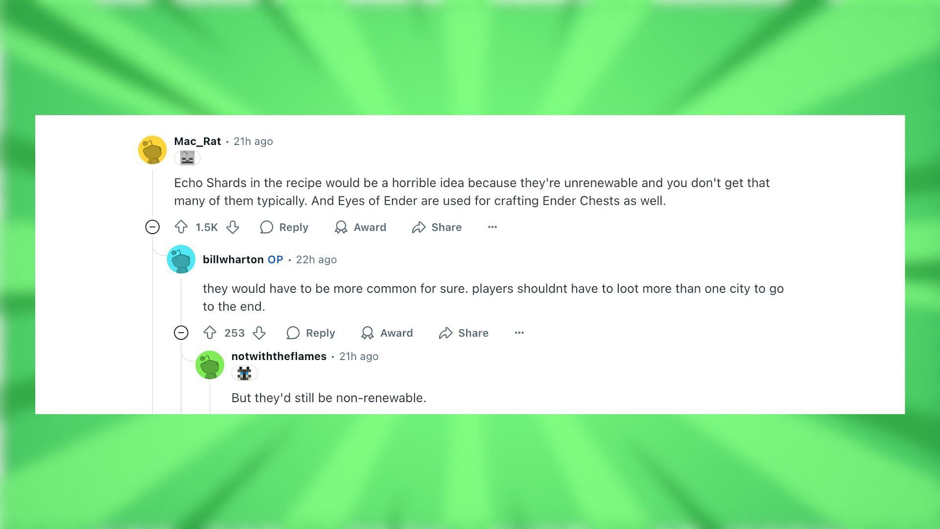 Redditors react to the idea of making the eye of ender in Minecraft more difficult to craft (Image via Reddit)